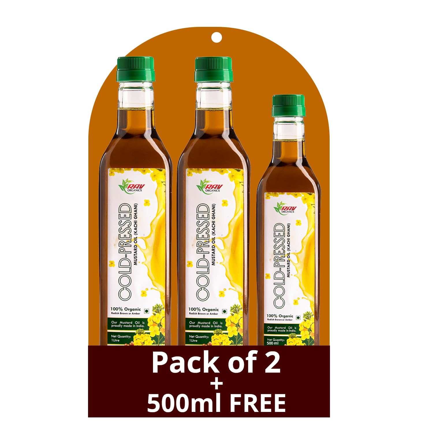 Rav Organics Certified Organic Cold Pressed Mustard Oil, 1L x 2 + 500ml Free, 2.5L Total