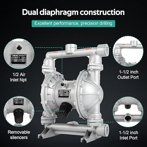 Miniatura 3 de Air Operated Double Diaphragm Pump 1-12 inch Inlet & Outlet, 44GPM, Max 115PSI Air Waste Oil Pneumatic Transfer Pump with 2 Extra Diaphragms,Air