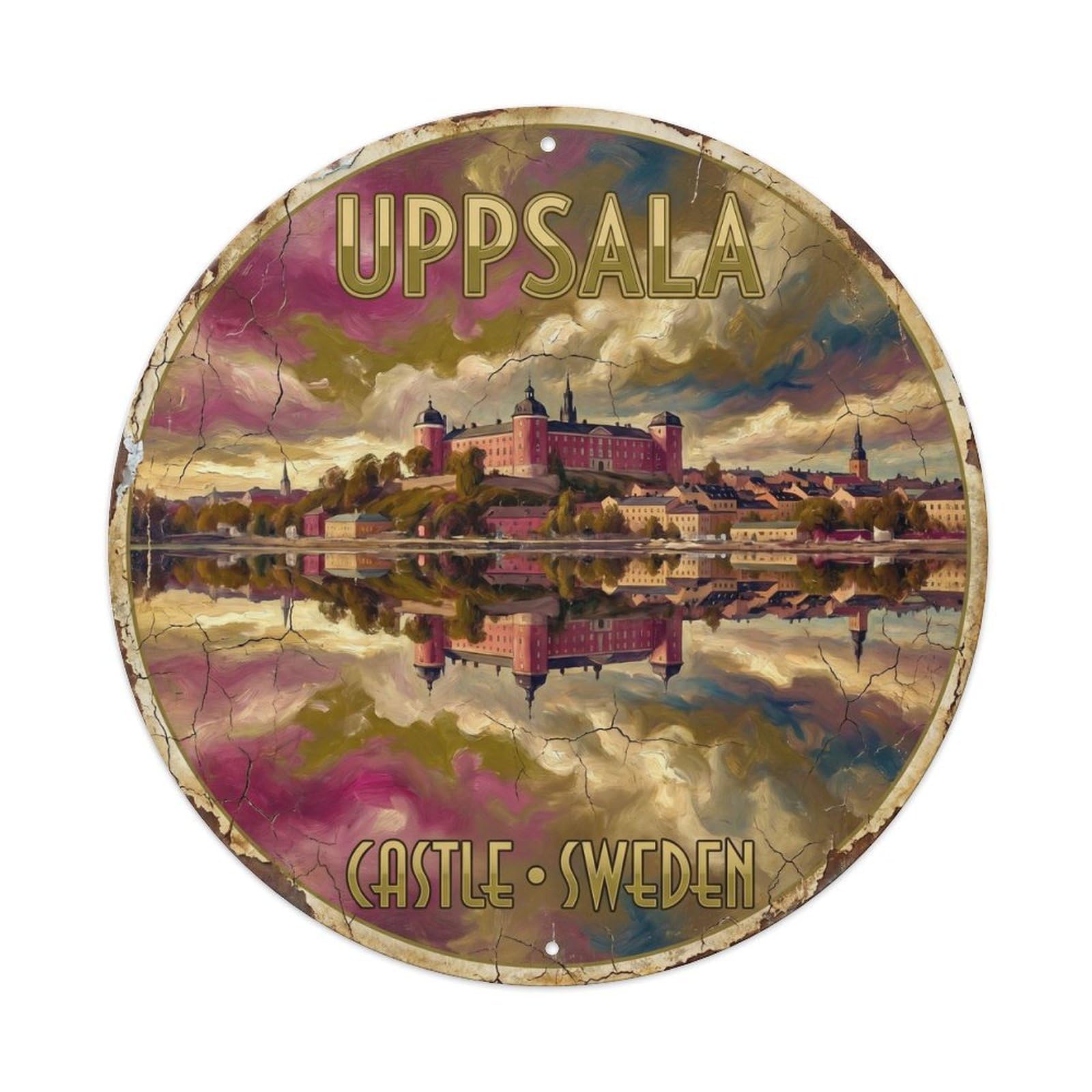 Cmhok Vintage Style-28 Vintage Travel Uppsala Castle Sweden Artwork Metal Tin Sign Plaque Wall Decor For Cafe, Club, Garden Round Metal Poster 8X8inch