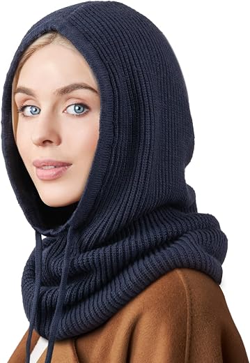 DRESHOW Winter Hats for Women Balaclava Knit Beanie Skull Cap with Drawstring Warm Hood Scarf Hat