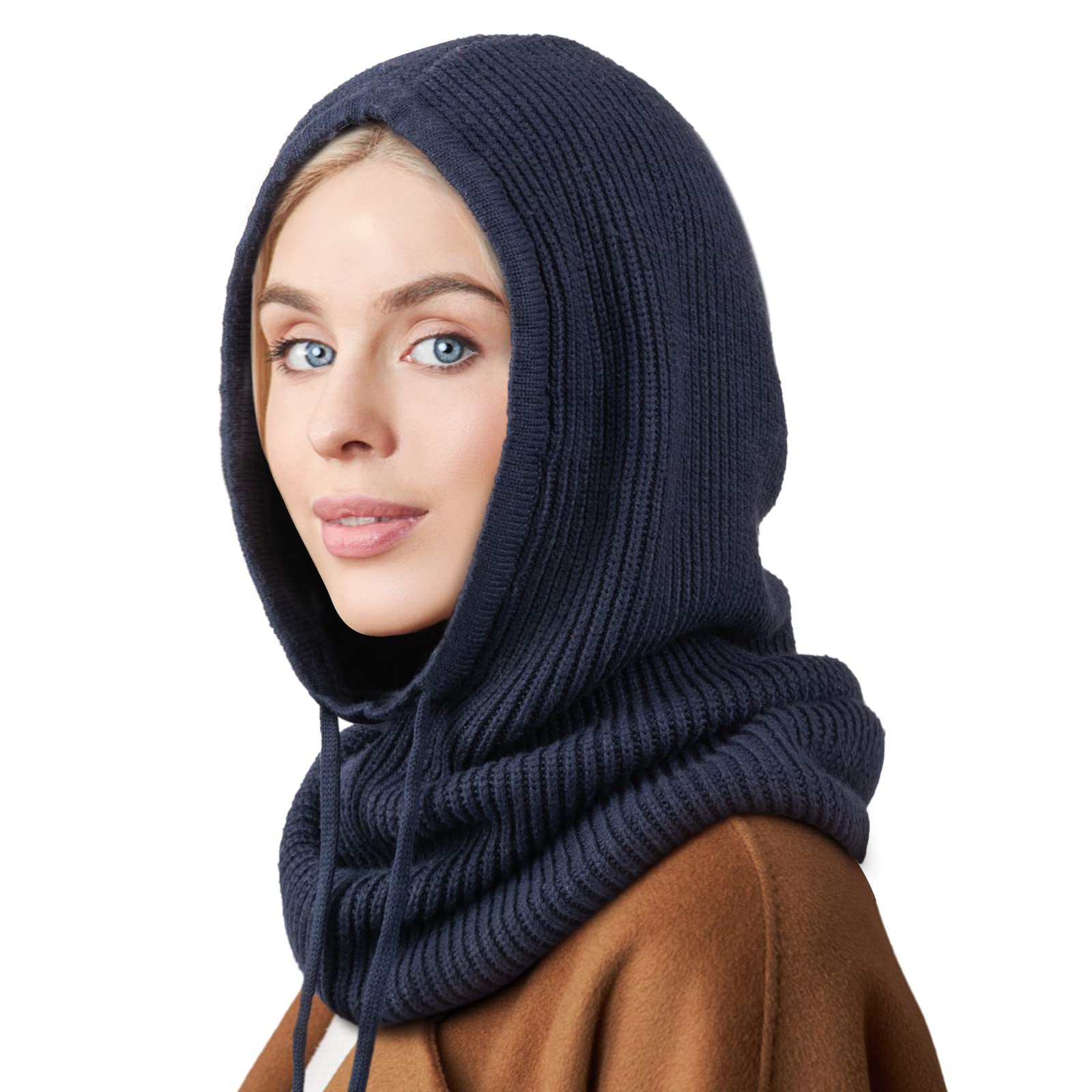 DRESHOW Winter Hats for Women Balaclava Knit Beanie Skull Cap with Drawstring Warm Hooded Scarf Hat