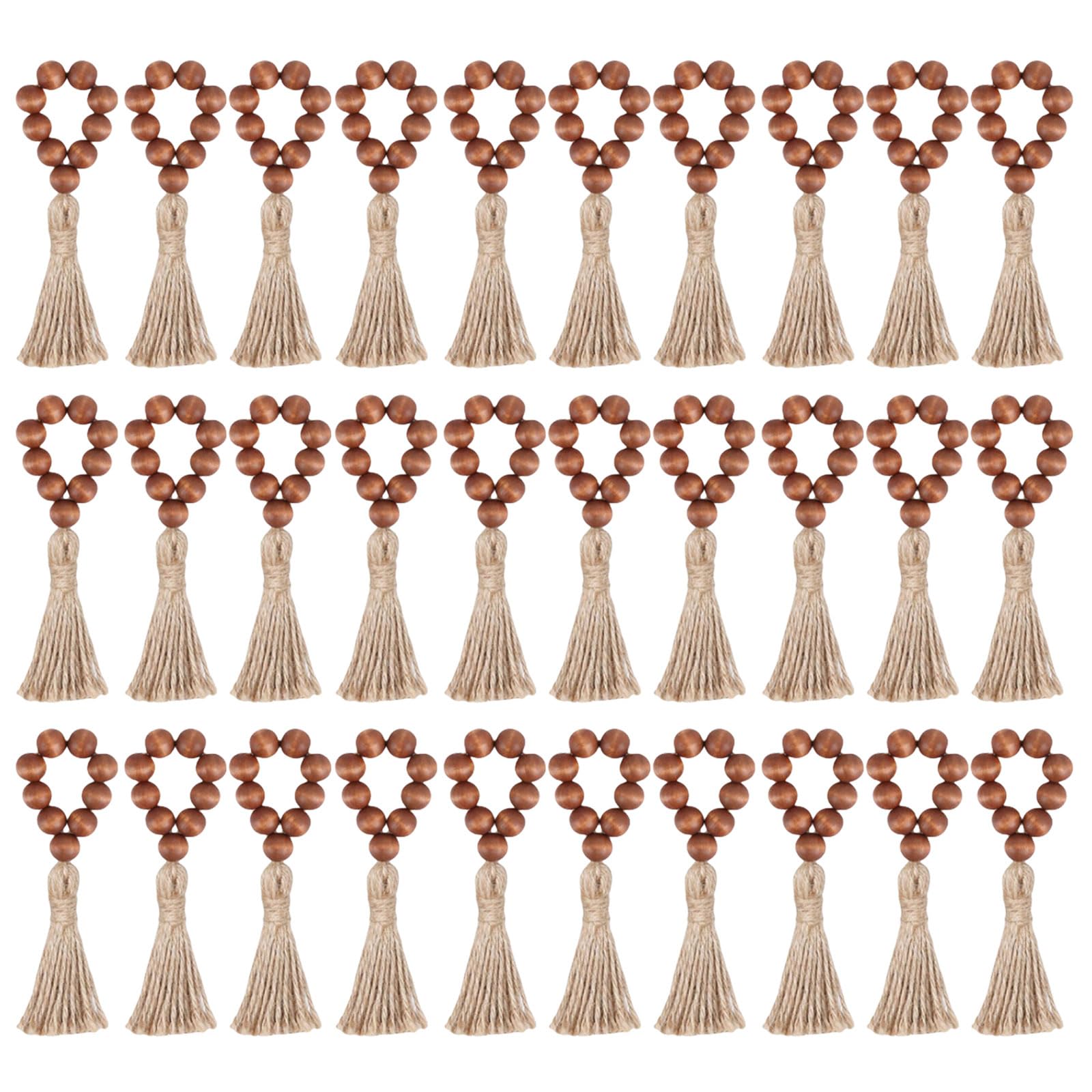 Tsophreniq 30pcs Simple Wood Bead Napkin Rings Farmhouses Styles Elastic Rings with Wood Beads and Linen Tassels Circlets