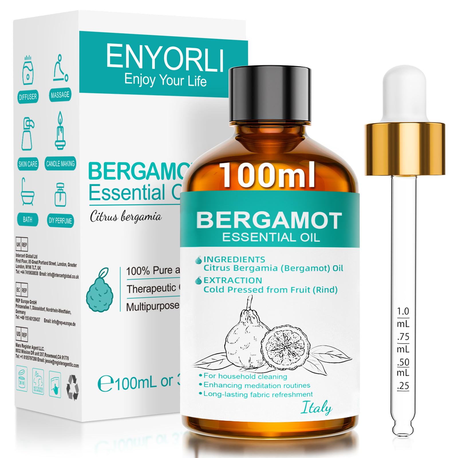 ENYORLI Ätherisches Lavendelöl 100ml 100% Naturrein mit Skalenpipette | Für Aromatherapie, Lavendelduft für Diffuser und Raumduft, Skalenpipette, verdünnte Massage, Bäder, Seife, Kerzen und DIY