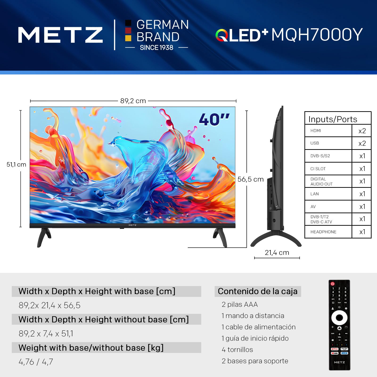 Metz TV 40 Pulgadas Smart TV, Televisor 40” QLED, HDR10, Dolby Audio, Chromecast Integrado, WiFi, Bluetooth 5.1, HDMI 2.1, DVB-T2/S2/C, Ci+, 40MQH7000Y (Modelo 2026)