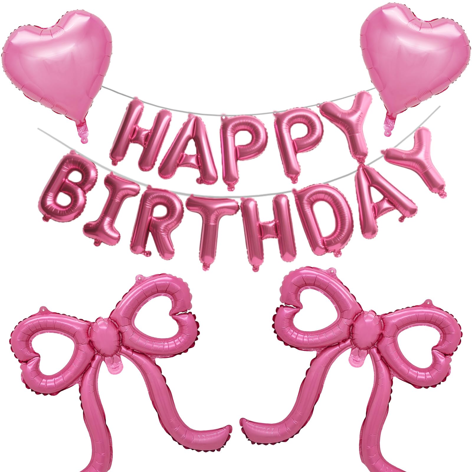 Eoopoon Elegant Pink Birthday Balloon Decor Set - 16" HAPPY BIRTHDAY Banner + 2x 21" Glitter Bow Balloons + Heart Foil Balloons | Complete Party Kit for Women, Girls Birthdays
