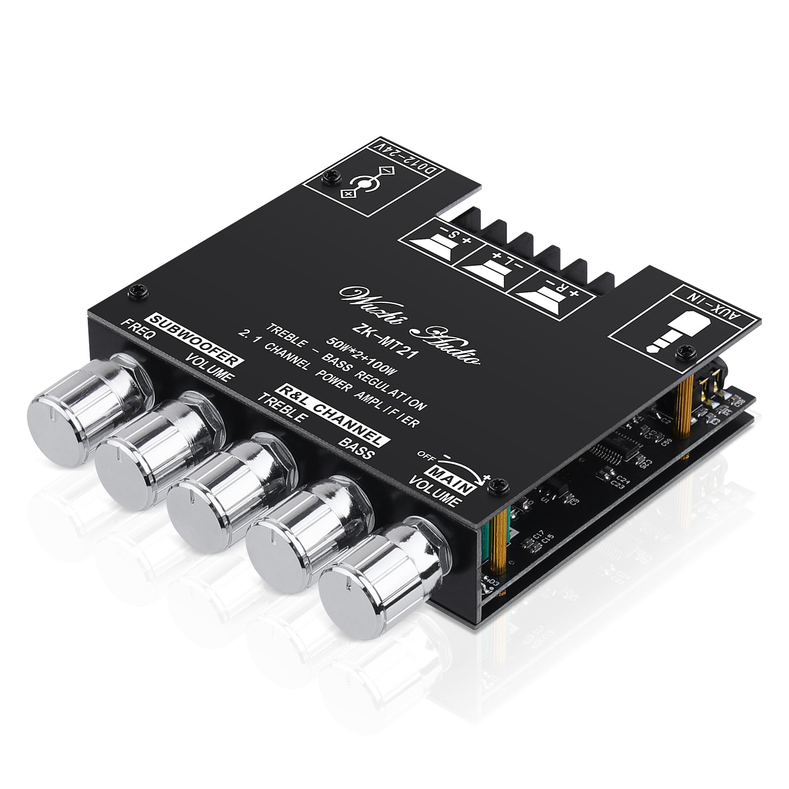 Bluetooth 5.0 Audio Amplifier Board, ZK-MT21 2.1 Channel 50W X 2 +100W Mini Subwoofer Power Amp HiFi Digital Audio Amp Module for Home Speakers(20-100W, 4-8Ohms), DC 12-24V, BT AUX Input