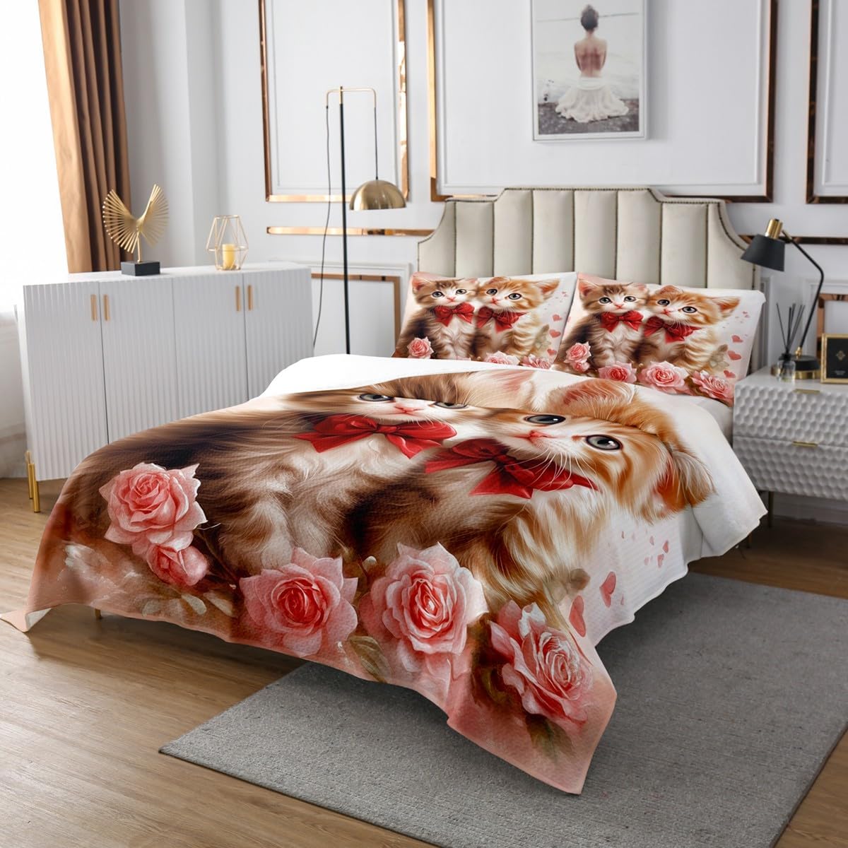 Erosebridal Bow Cat Quilt Set Cute Animal Valentine's Day Coverlet Set Pink Roses Flowers Couple Bedspread Set Red Bow Tie Kitten Bedding Set King Size for Kids Boys Girls