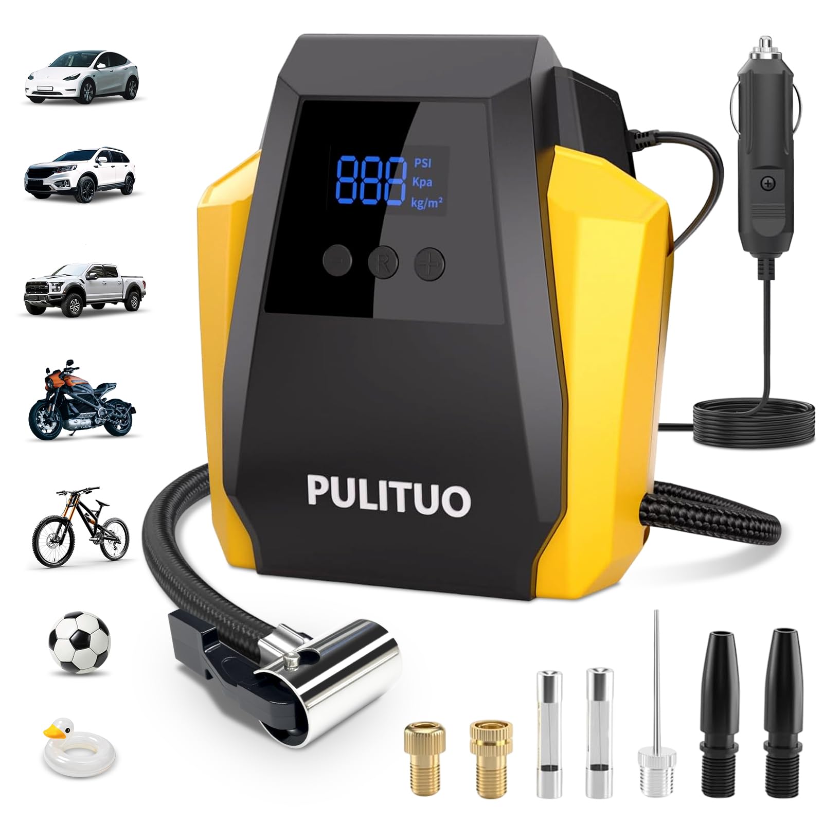 PULITUO Gonfiatore Pneumatici 12V DC - Compressore d'Aria Portatile 35L/min, 150 PSI / 10,3 Bar Pompa Auto con Arresto Automatico, Manometro Digitale e LED, Giallo