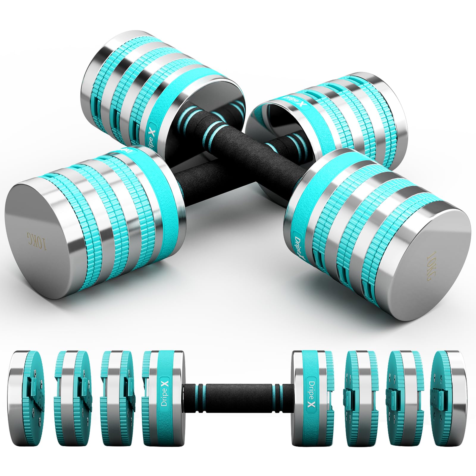 Dripex Adjustable Dumbbells Weight Set 2.5kg 5kg 10kg Dumbbell Pair, 4-in-1 Weight Dumbbells Set Women Men with Non-Slip Handle Home Gym Fitness-10kgX2