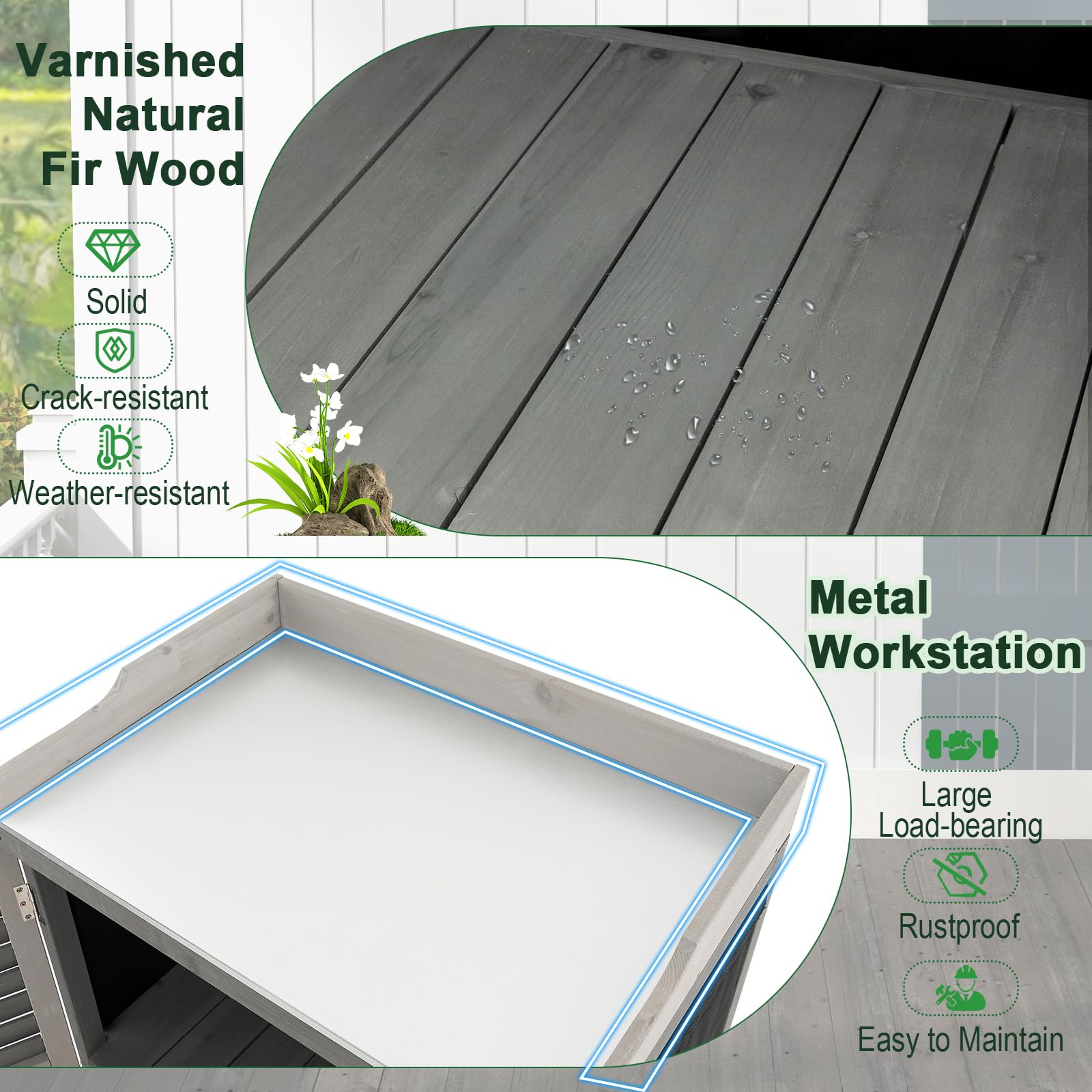 HOMASIS Table de Rempotage en Bois avec Plateau en Métal et 2 Etagères | Abri de rangement Imperméable pour Jardin Terrasse Patio Arrière, 67 x 47 x 100 cm, Gris