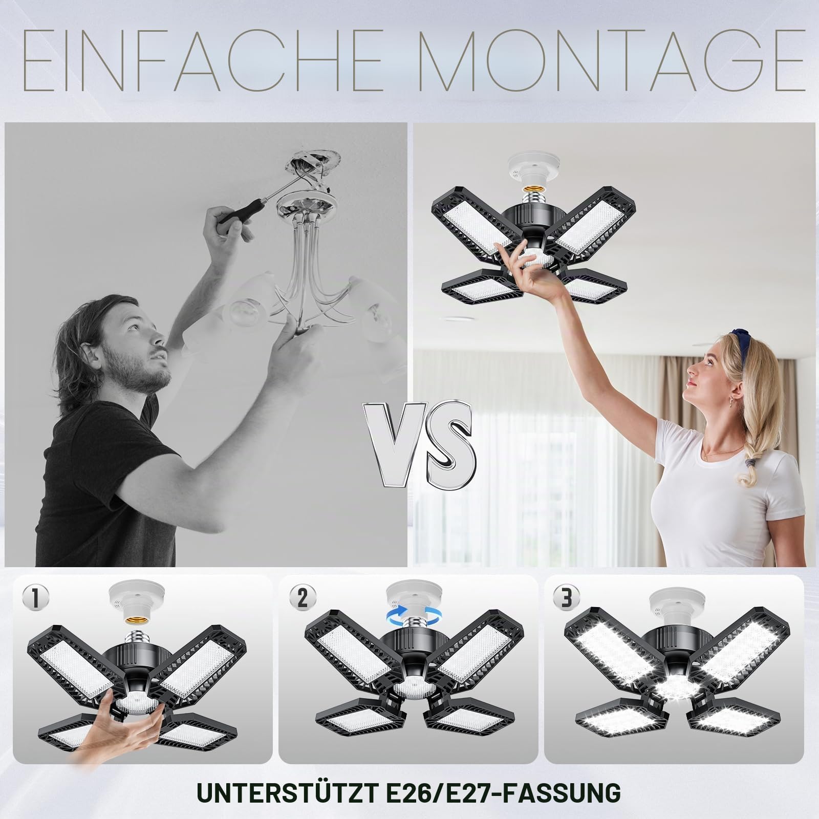 Garagenlampe LED 4 Stück 20W, 2000LM LED Garagenbeleuchtung mit 4+1 Verstellbaren Paneelen 6500K E26/E27 für Garage/Werkstatt/Keller (Äquivalent zu 120W)