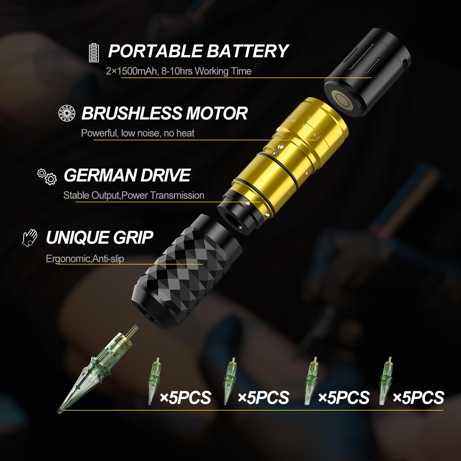 Solong Tattoo Maschine Set 2 Batterien 7 Strokes, Rotary Wireless Tattoo Pen Gun mit LCD Digital, 20pcs Cartridge Nadeln, 30ML Tinten Schwarz für Anfänger und Künstler SL-TK0002EU-9