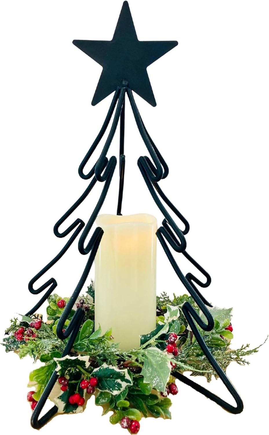 Boxwood and Mum Handmade Christmas Tree Candle Holder, Home Decor Metal Candle Holder Stand, Christmas Decorations for Home, Window Display, and Table Centerpieces, Great for LED and Scented Candles