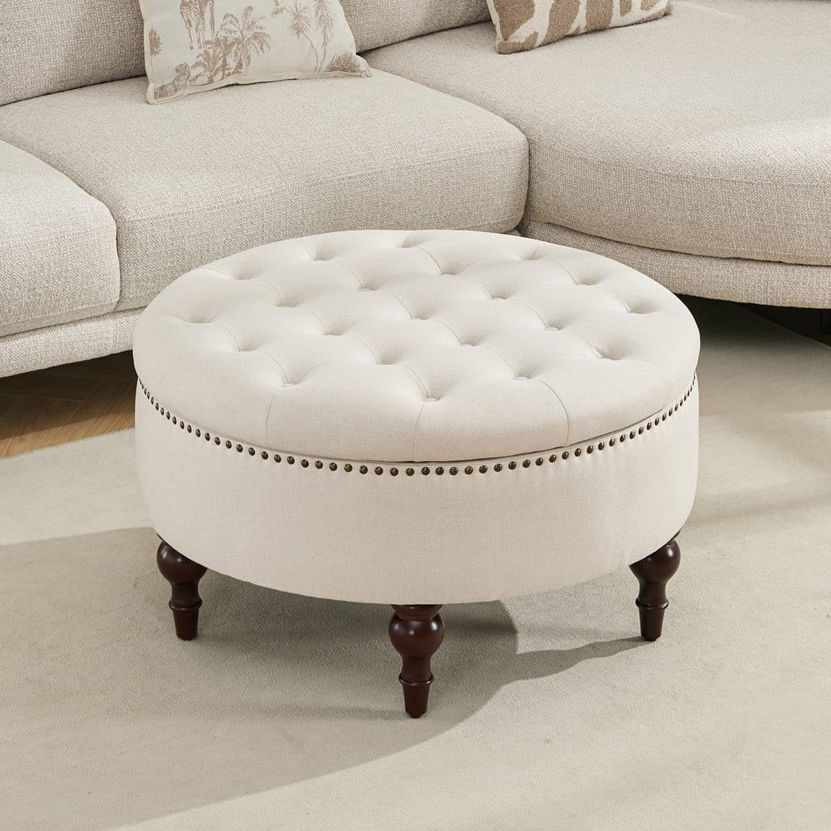 Elegant Round Tufted Ottoman with Hidden Storage – Upholstered Storage Footrest with Nailhead Trim & Wooden Legs Coffee Table for Living Room & Bedroom (Beige)-image-39