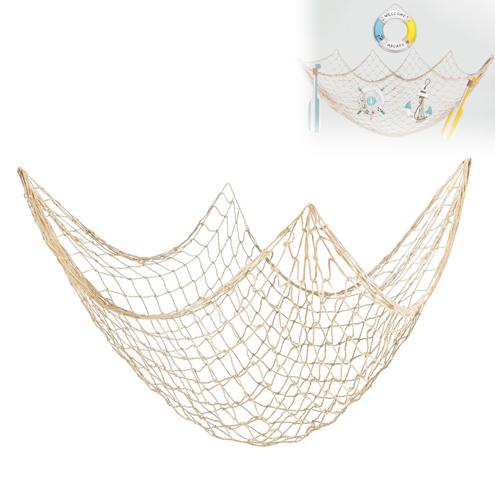 1 filet de pêche décoratif (200 x 100 cm), filet de coton naturel, style méditerranéen et nautique, pour les fêtes sur la plage, le salon et la chambre à coucher