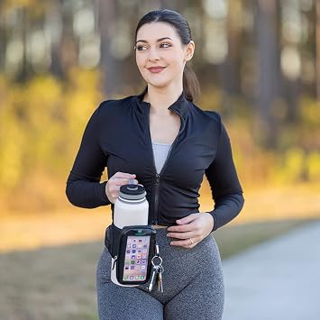Gym Water Bottle Pouch with Waterproof Touchscreen Accessory Pocket for Phone. Keychain Carabiner, Side Mesh Pocket for AirPods. Fits 18-40 oz Stanley, Hydro Flask, Yeti, Iron Flask Bottles