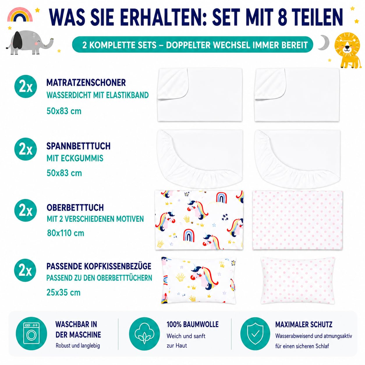 FlyIdeas Next 2 me Spannbettlaken Beistellbett Baby 83x50 cm, 8 STK - Komplett-Set mit wasserdichte Matratzenschoner für Baby Beistellbetten Next to me und Matratzen 50x83 und ähnlich, 100% Baumwolle