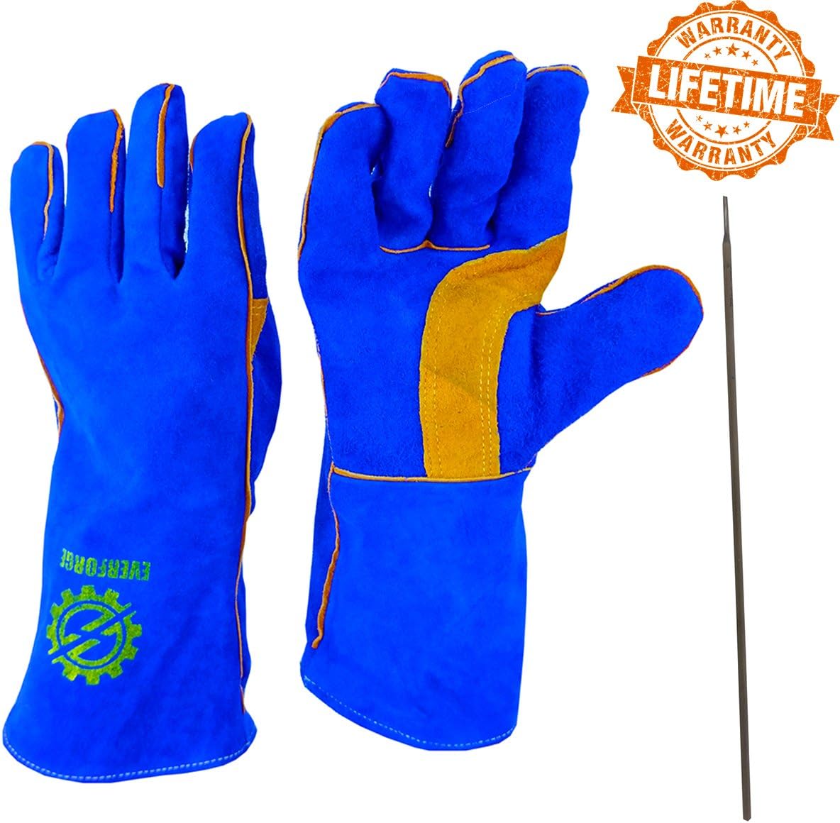 Welding Gloves 14" for Arc, MIG and TIG Welders with 1 Steel Welding Rod - Heavy Duty Reinforced Kevlar Stitching, Extreme Heat Resistant Double Insulation, One Size - S, M, L, XL, XXL- Blue