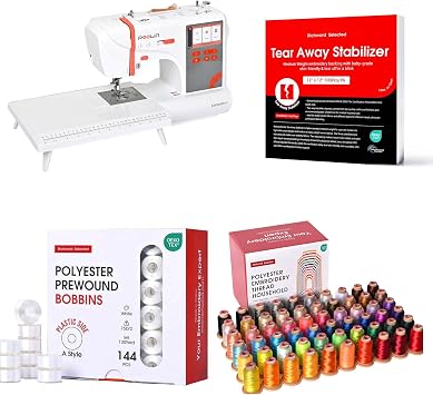 Poolin EOC03 2-in-1 Sewing & Embroidery Machine Bundle 60 Colors 800M Thread Set + 144pcs Prewound Bobbins + Tear Away Stabilizer, Starter Kit for Everyday Embroidery
