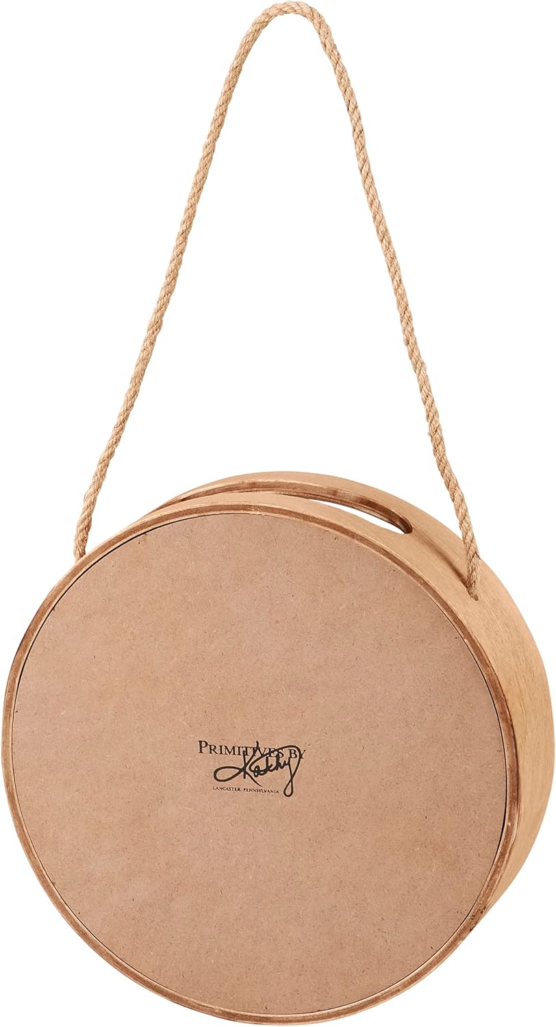 Primitives by Kathy Take Me to The Ocean Hanging Shell Holder, round wooden frame with glass display window and attached rope for hanging on wall.