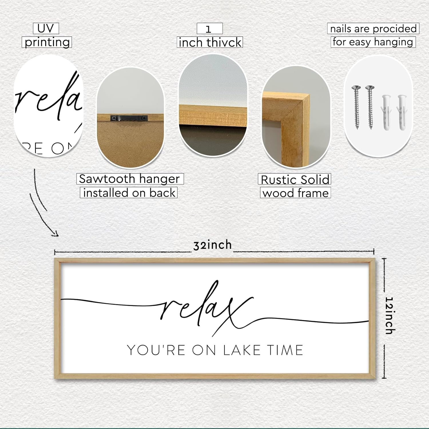 YWMZYKJGS Relax You're On Lake Time Wall Decor Art 32"×12" Lake House Sign Above Bed Bedroom Large Rustic Living Room Wood Framed Vintage Horizontal Wall Hanging (Wood)