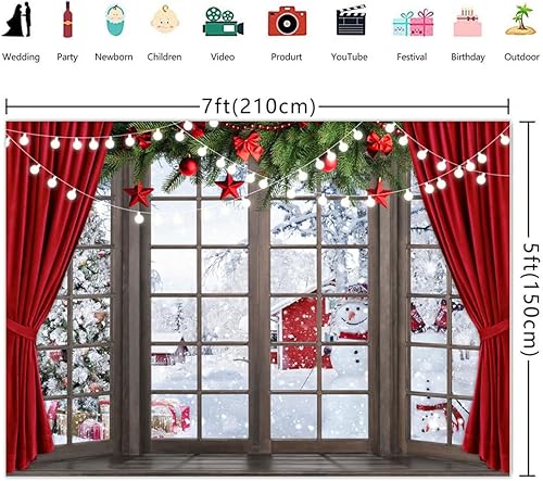 Miniatura 3 de Telones de fondo de fotos de Navidad para fotografía, ventana de invierno, fondo de escena de nieve, árbol de Navidad, cortina roja, regalos para