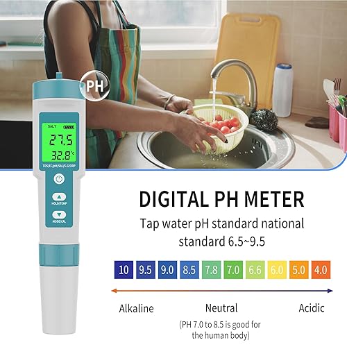 Miniatura 4 de Medidor de pH TDS Medidor digital 8 en 1 Probador de agua de piscina Probador de sal de salinidad, PH, TDS, EC, ORP, H2 y TDS, medidor de pH para