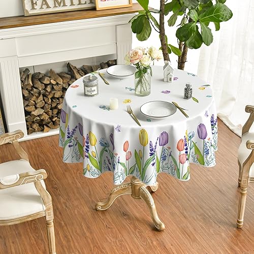 Miniatura 3 de Horaldaily Mantel redondo de primavera y verano de 70 x 70 pulgadas, diseño de flores silvestres de acuarela de Pascua, tulipán, lavanda,