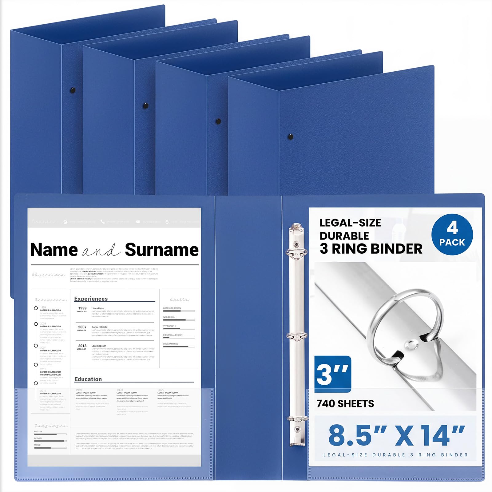 Henoyso 4 Pcs 8.5" x 14" Legal Size Binder, 3 Ring, 3 Inch, Navy Blue