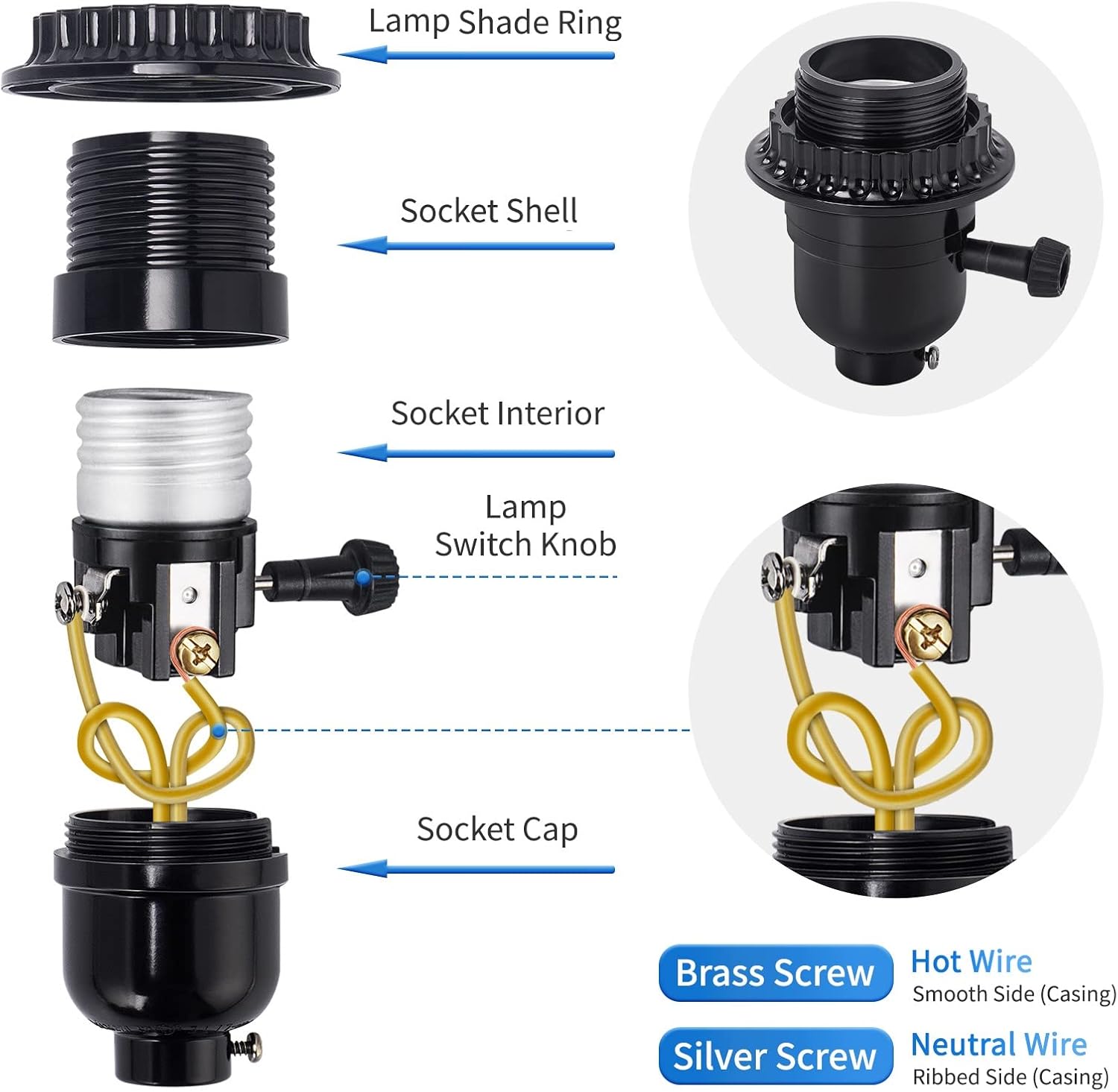 DiCUNO UL Listed E26 Lamp Socket Replacement, Turn Switch Knob ON/Off, Threaded Medium Base Light Socket with Lamp Shade Ring for Table, Floor Lamp Repair Kit, Black, 1-Pack
