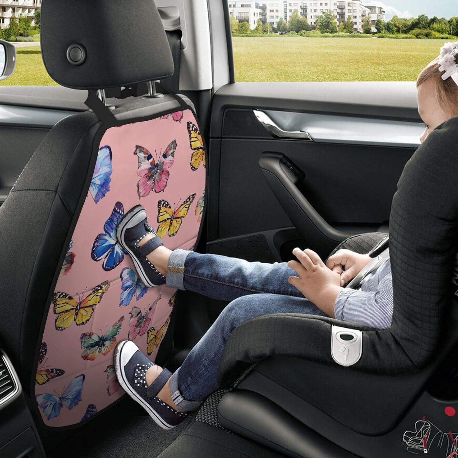 Car Seat Back Kick Protector 2 Pack 18.5" x 26.4", Colorful Butterfly Pink Background Upgraded Large Rear Seat Cover for Dirty Shoes Kids Pets, Waterproof Oxford Fabric Anti-Kick Pad for SUV J
