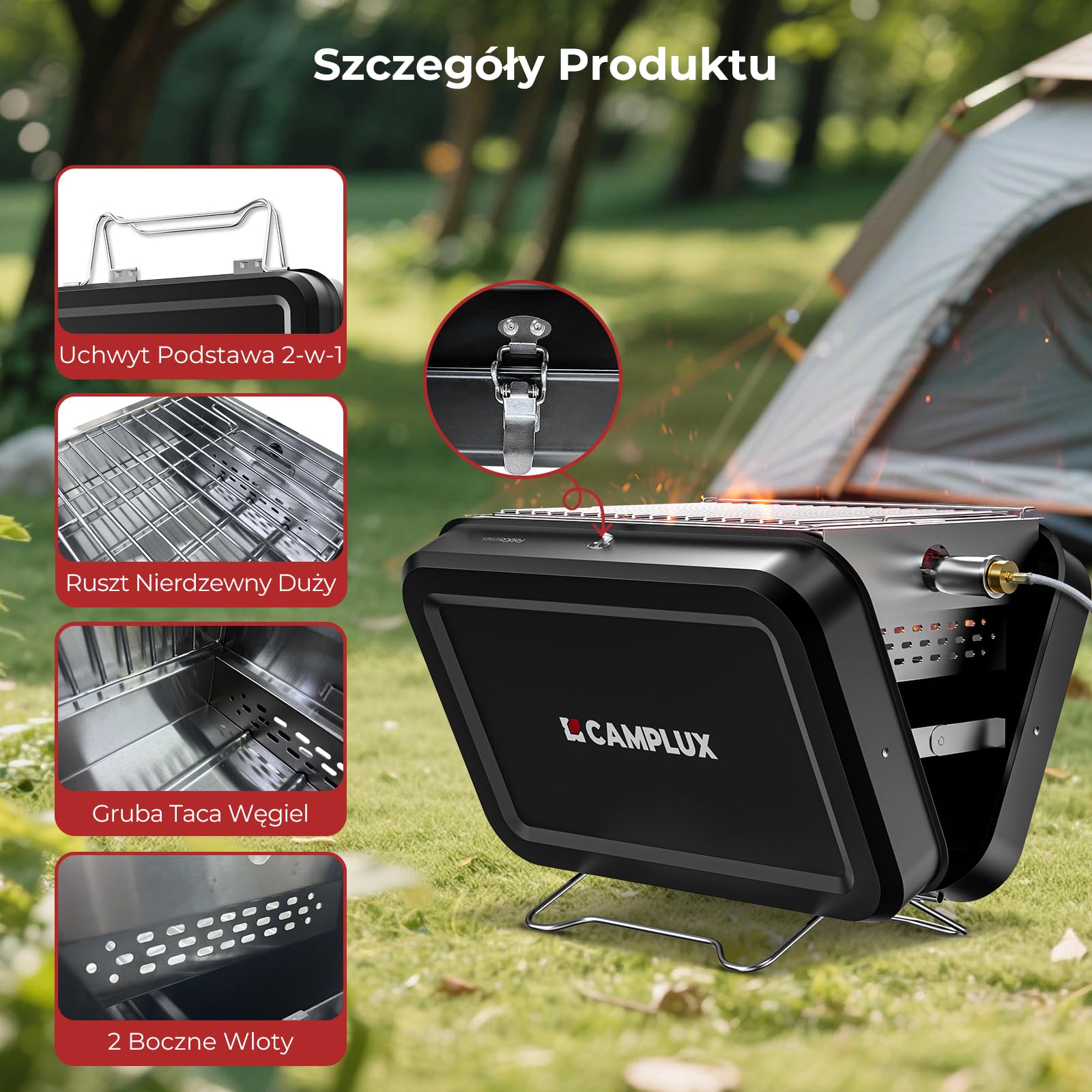 CAMPLUX FoldGo przenośny grill gazowy, 2-w-1 na gaz i węgiel, FG16GB
