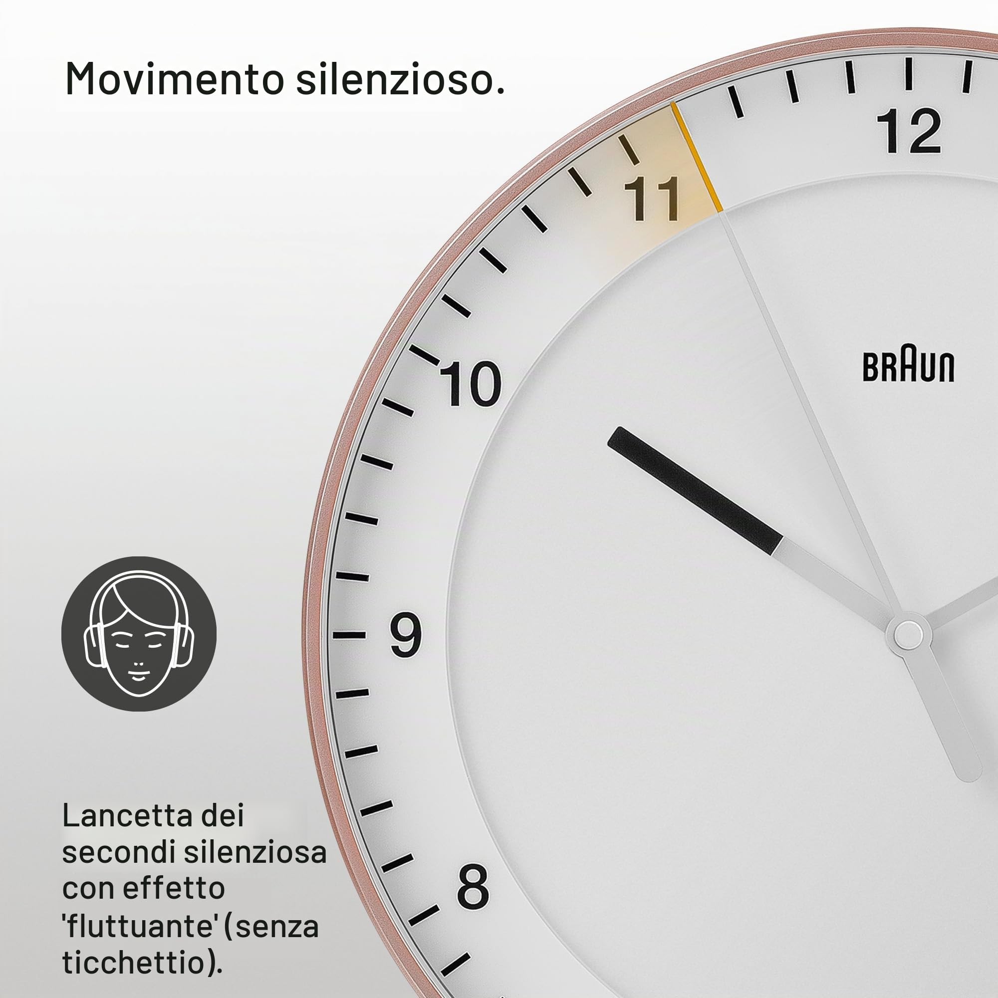 Braun Orologio da parete analogico classico grande con movimento silenzioso, facile da leggere, diametro 30 cm in rosa e bianco, modello BC17PW.