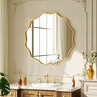 Riskioir 20 Inch Gold Round Wavy Wall Mirror - Metal Frame Circle Bathroom Vanity Mirror for Living Room Bedroom Entryway