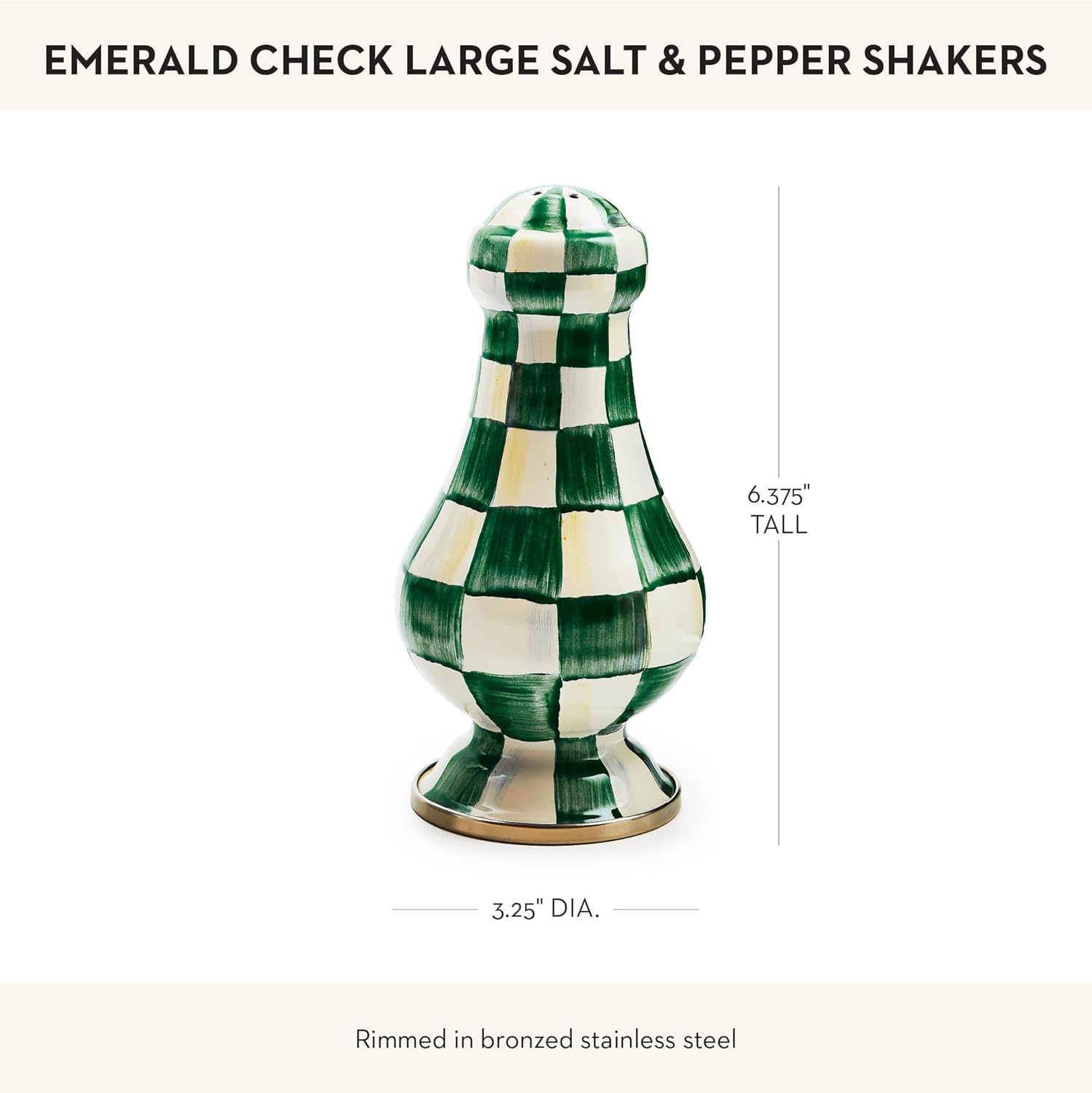 MACKENZIE-CHILDS Enamel Salt and Pepper Shakers, Kitchen Table Spice Shaker Set, Green-and-White Emerald Check, Large