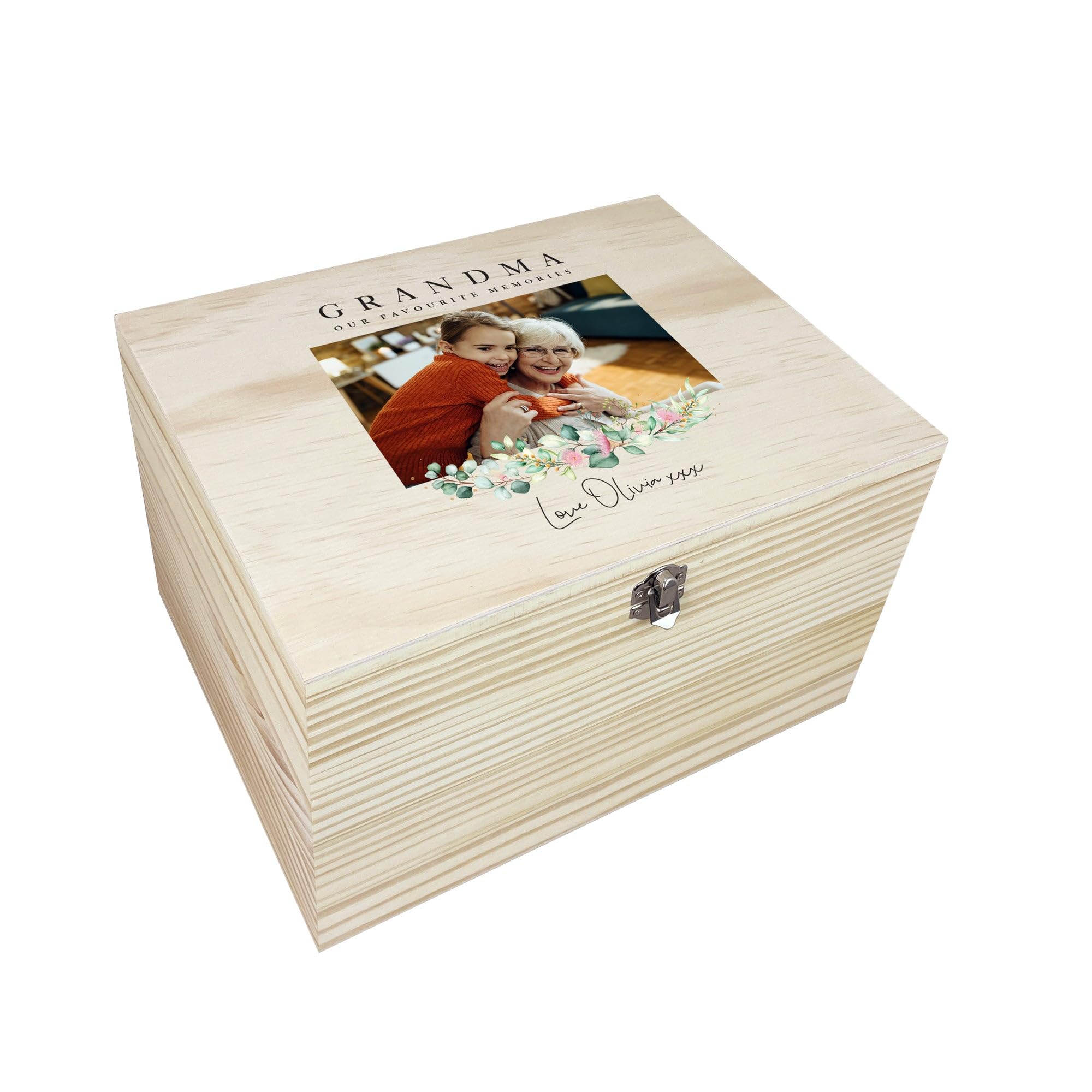 The Lovely Keepsake Company Brown Personalised Floral Pine Photo Memory Box | Bereavement, Mother's Day, Anniversary | W16cm X D11cm X H9cm