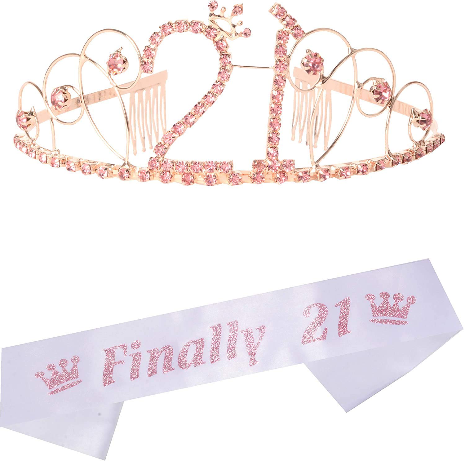 MEANT2TOBE21st Birthday Sash and Tiara for Women - Fabulous Set: Glitter Sash + Basic Rhinestone Pink Premium Metal Tiara for Women, 21st Birthday Gifts for 21st Birthday Party