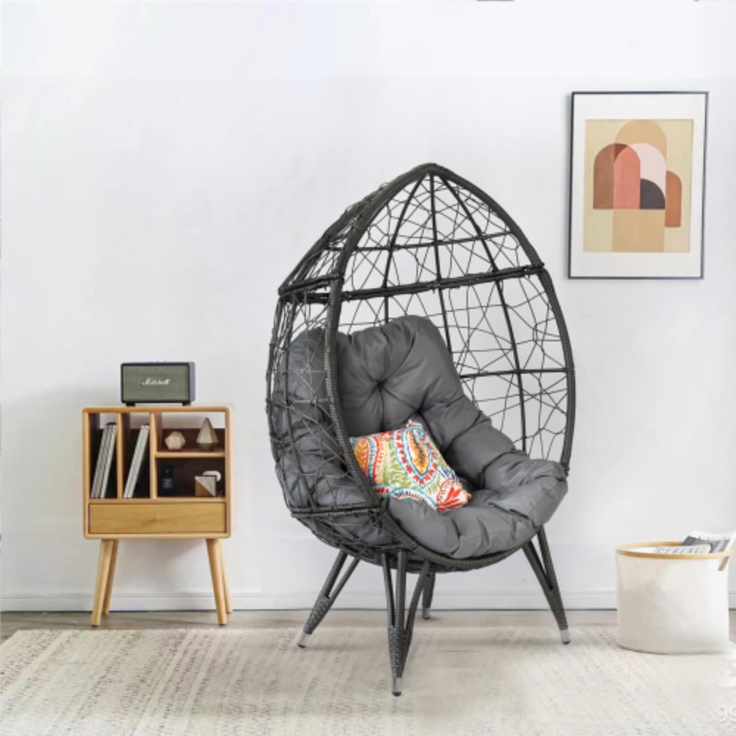Outdoor Patio Rattan Egg Chair, Sling Chair, Lounge Chair, Basket Rattan Chair with Gray Cushions for Backyard Poolside