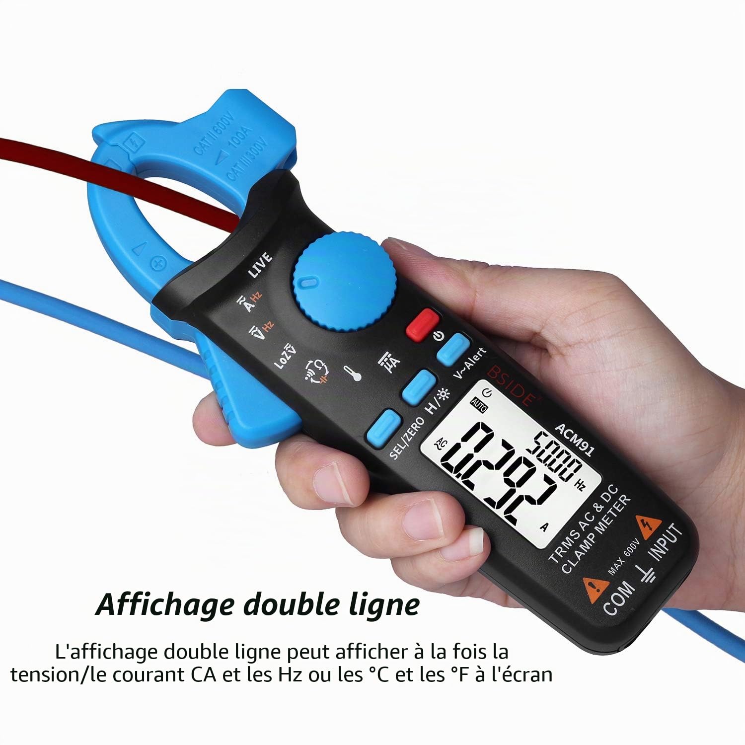 Pince Bside ACM91 mesure courant AC/DC RMS 6000 points mesures Voltmètre thermomètre Capacité Fréquence vérification branchements électriques avec clip arrière