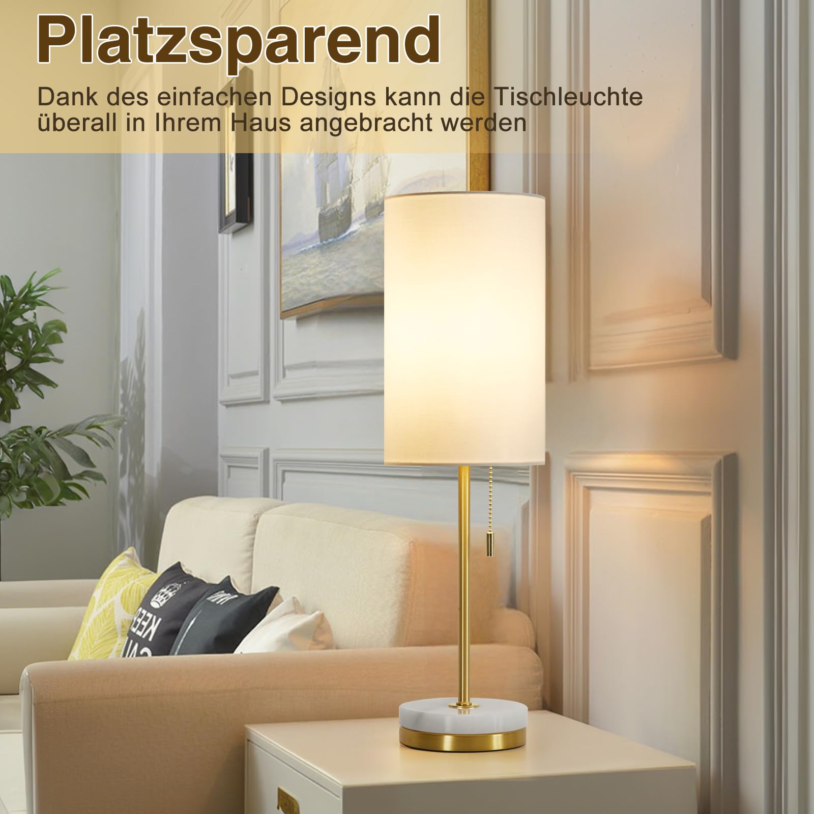 GyroVu Nachttischlampen im 2er-Set, minimalistische Tischlampe mit Zugkette, moderne Nachttischlampe mit Marmorfuß, goldene Tischlampe für Schlafzimmer, Wohnzimmer, Büro