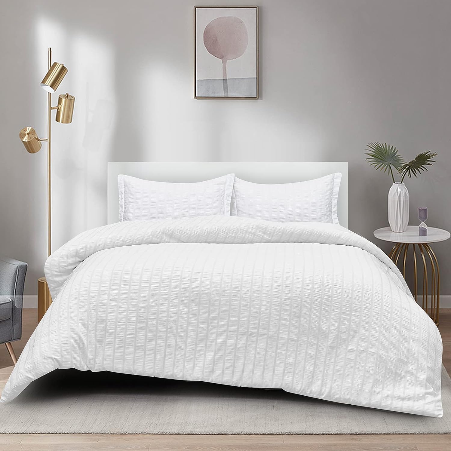 CozyLux Queen Size Duvet Cover Set White Seersucker Striped