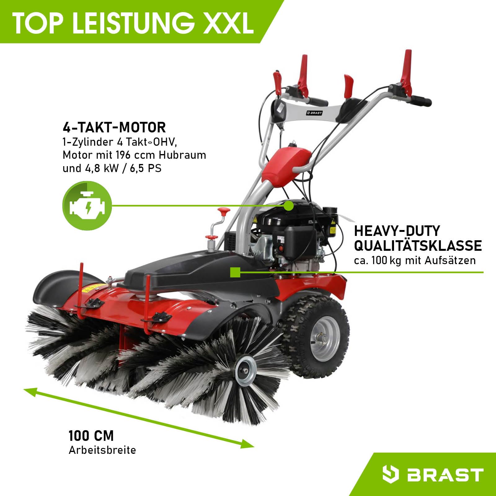 BRAST Kehrmaschine Benzin | Laubsammler Schneeschieber | XXL Premium | 4,8kW(6,5PS) - 5,14kW(7PS) | viele Modelle | 80-100cm Arbeitsbreite | Elektrostart | Schneeketten | 3in1 Gerät
