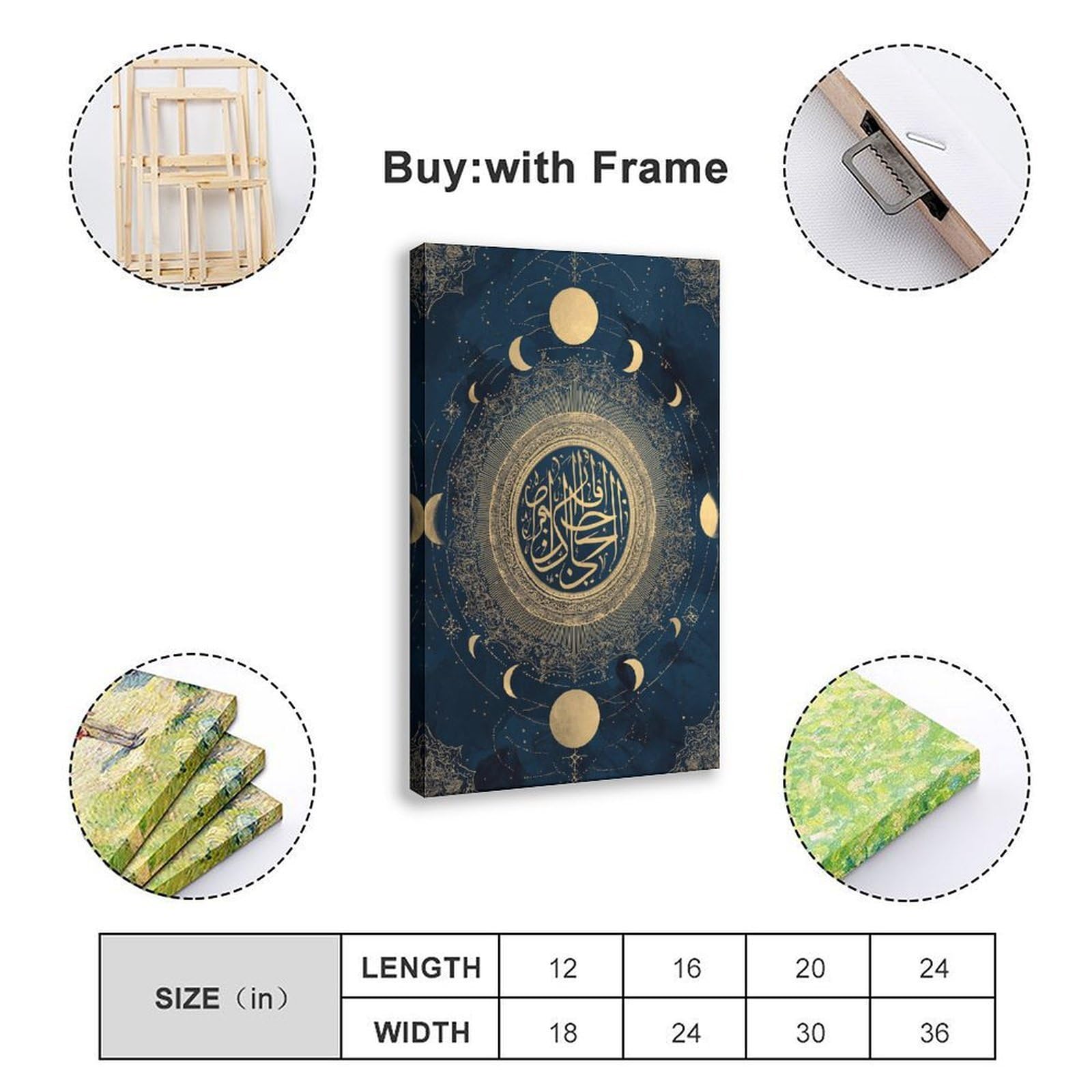 YWTJAX Poster su tela con fasi lunari, color oro, blu navy, per la