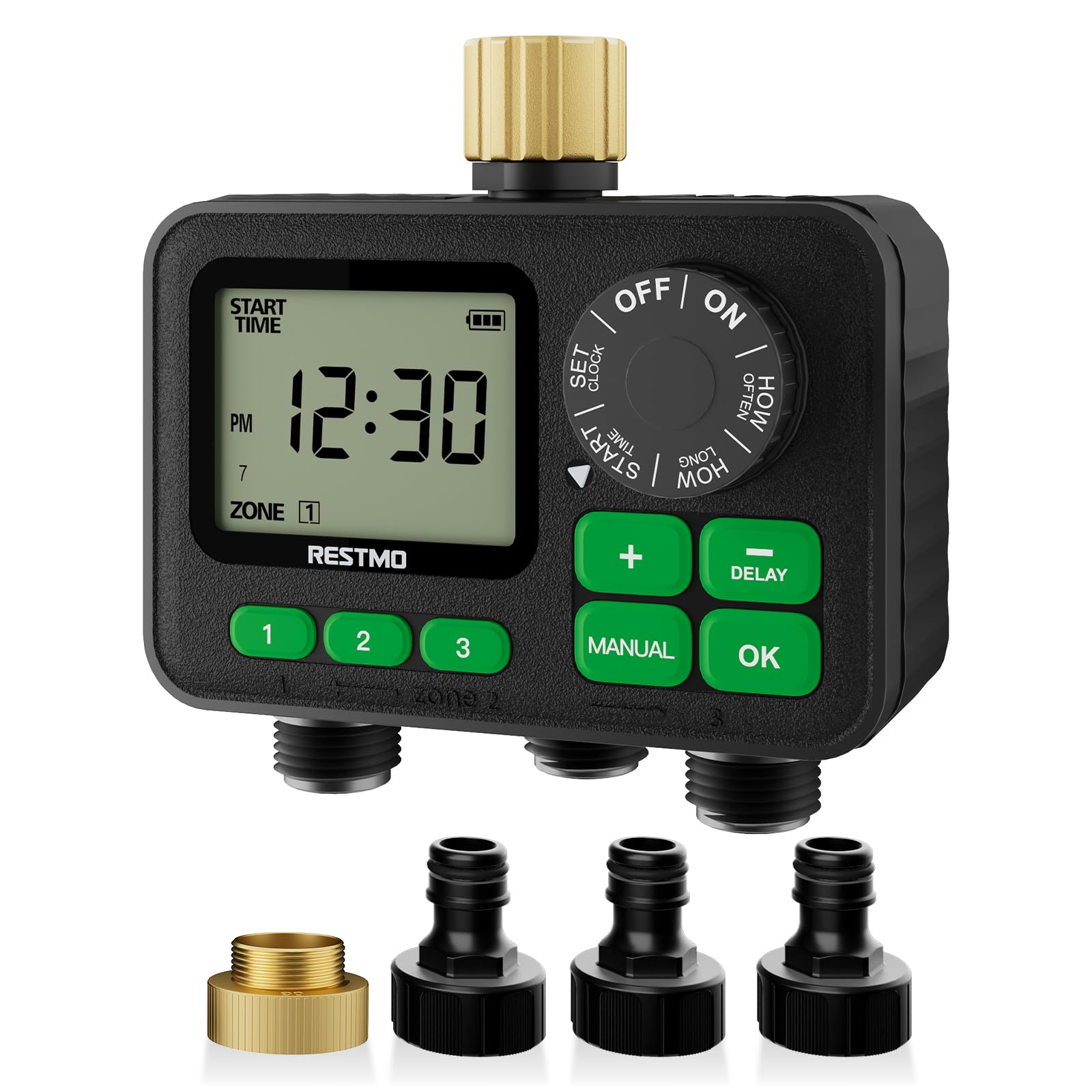 RESTMO Sprinkler Timer for Outdoor Hose Faucet 3 Zone, Up to 11h59m Programmable Watering Timer for Soaker Hose, Misting with Brass Inlet & Large Dial, Rain Delay/Manual/Automatic Irrigation System