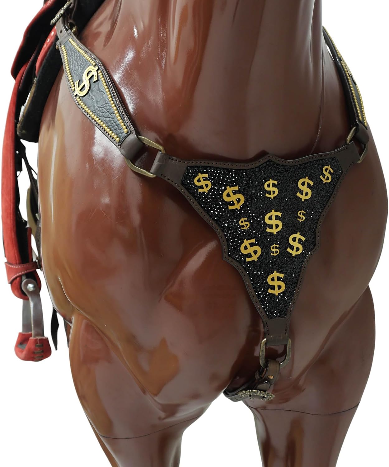 Western Leather Headstall and Breast Collar Tack Set for Horses Black and Golden 3D Dollar Sign Studs and Dazzle Work Gladiator Style Breast Collar Full Horse Barrel Racing
