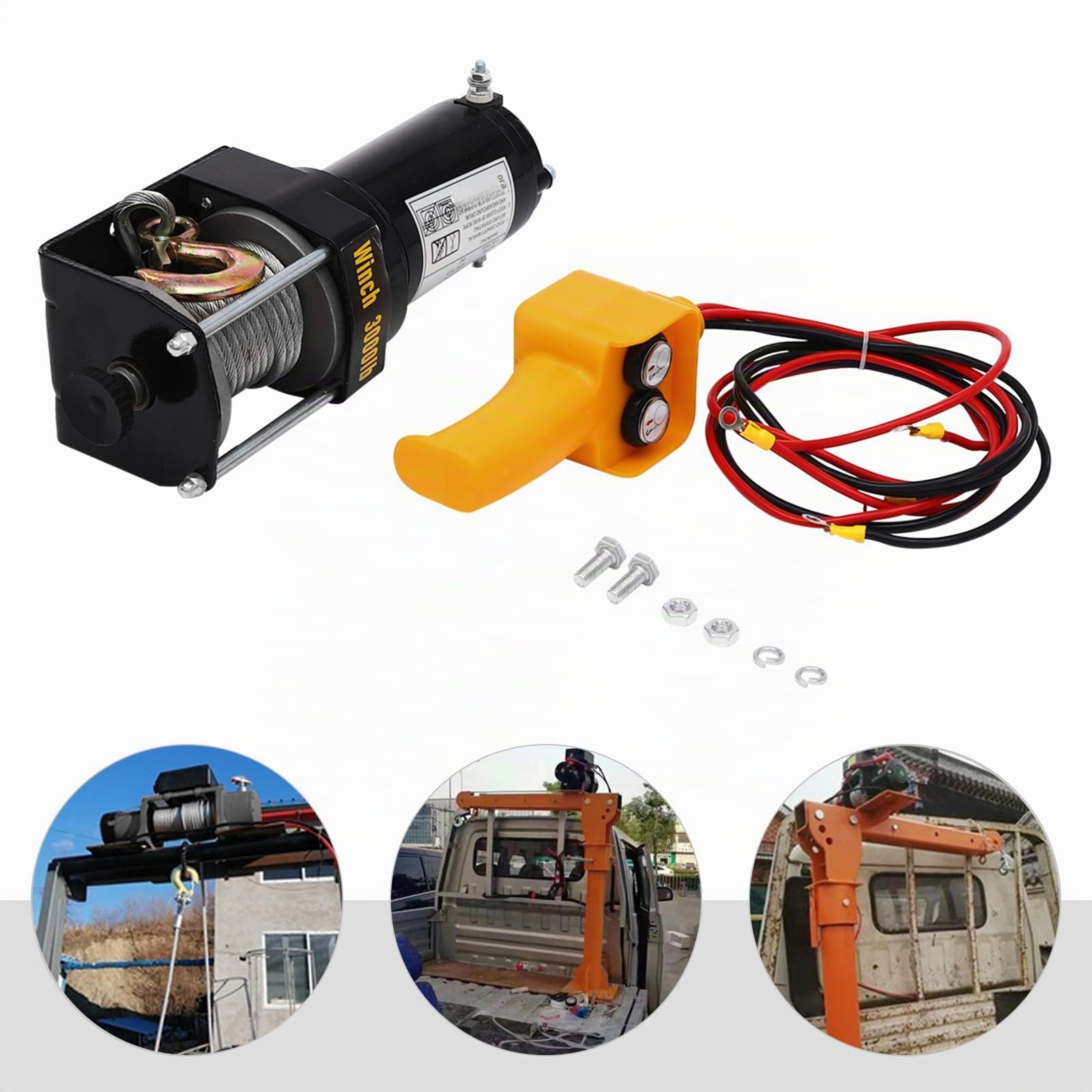 Verricello elettrico 12 V, 550 W Paranco a Leva Elettrico 1300 kg Forza di Trazione Cavo in Acciaio di 6m Forza di Sollevamento Verticale 300 kg