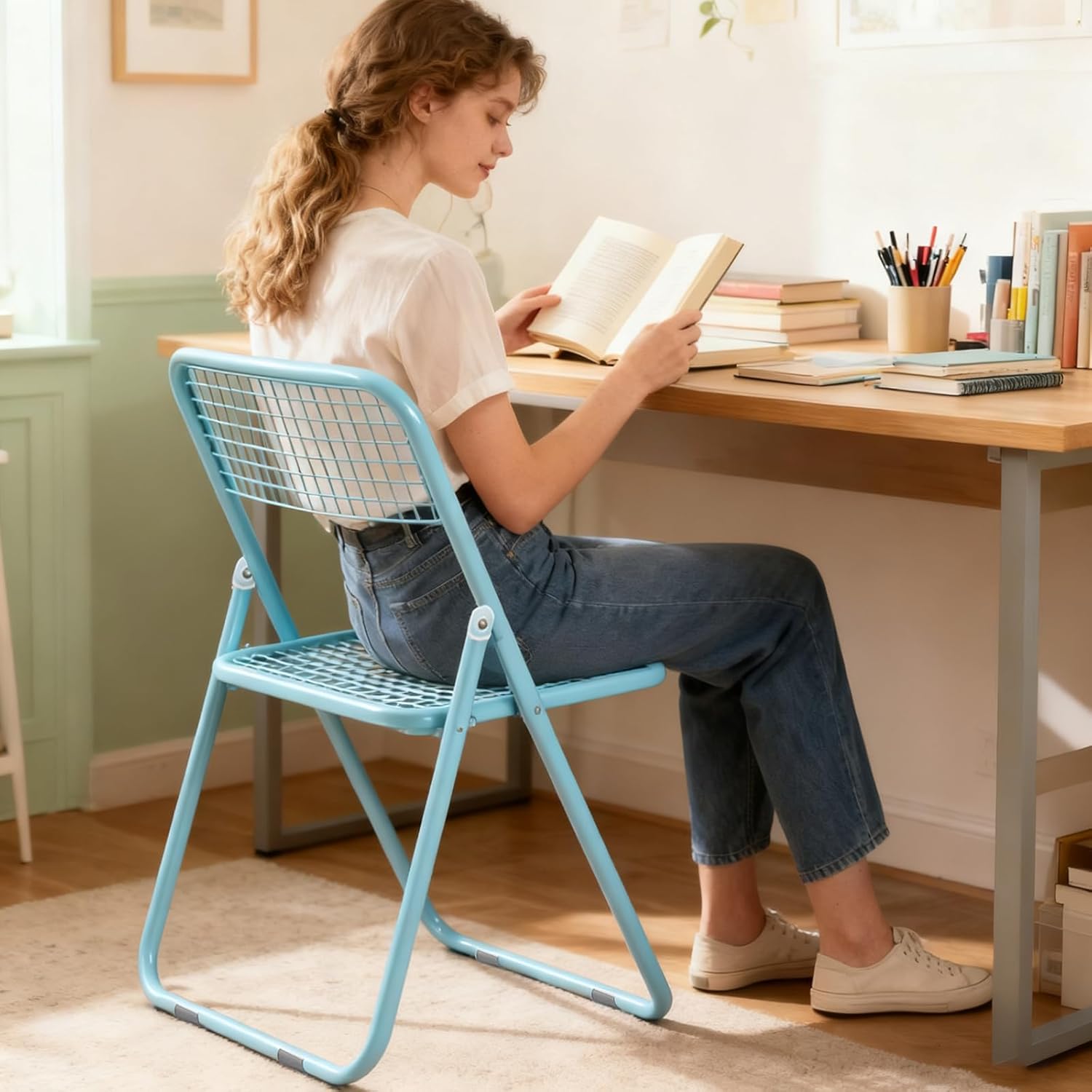 JPBSTO 4 Pack Folding Chair,Blue Color,Single Piece,Foldable Space - Saving Design for Indoor/Outdoor Use