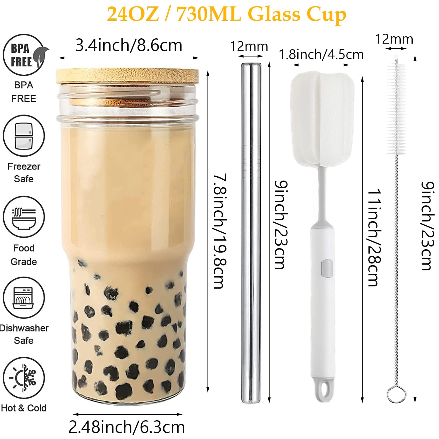 4 Pcs 24 oz Glass Cups With Bamboo Lids and Straws & 4 Airtight Lids, Reusable Smoothie Cups Mason Jar Drinking Glasses Iced Coffee Cups Glass Tumbler for Bubble Tea, Juice, Gift - Image 2