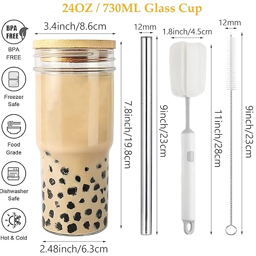 Miniatura 2 de ASANMEYO 2 Pcs 24 oz Glass Cups With Bamboo Lids and Straws & 2 Airtight Lids, Reusable Boba Cup Smoothie Cup Mason Jar Drinking Glasses Iced Coffee