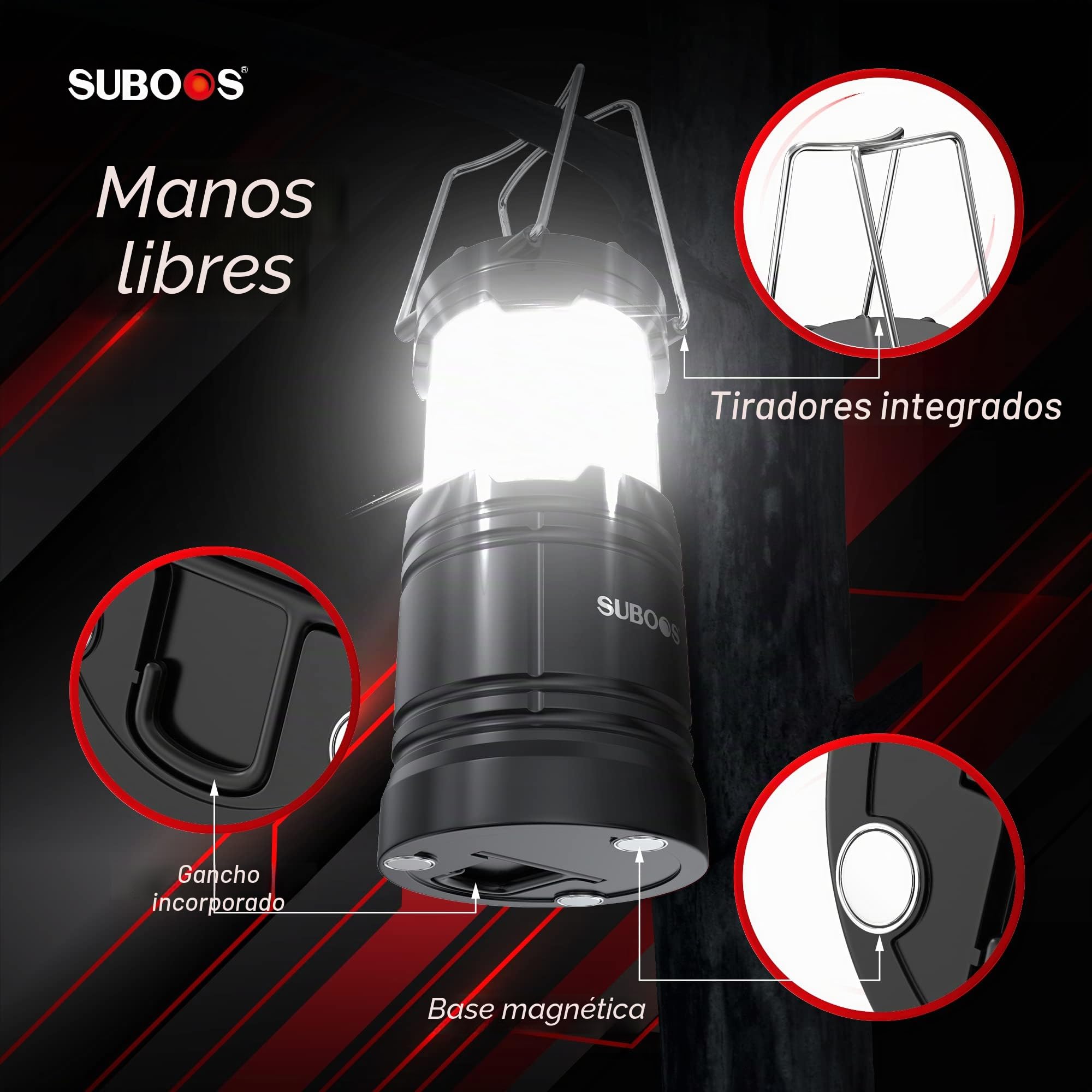 Faroles de camping recargables, lámpara solar y pilas, base magnética, gancho para tienda, accesorios de campamento portátiles para emergencias